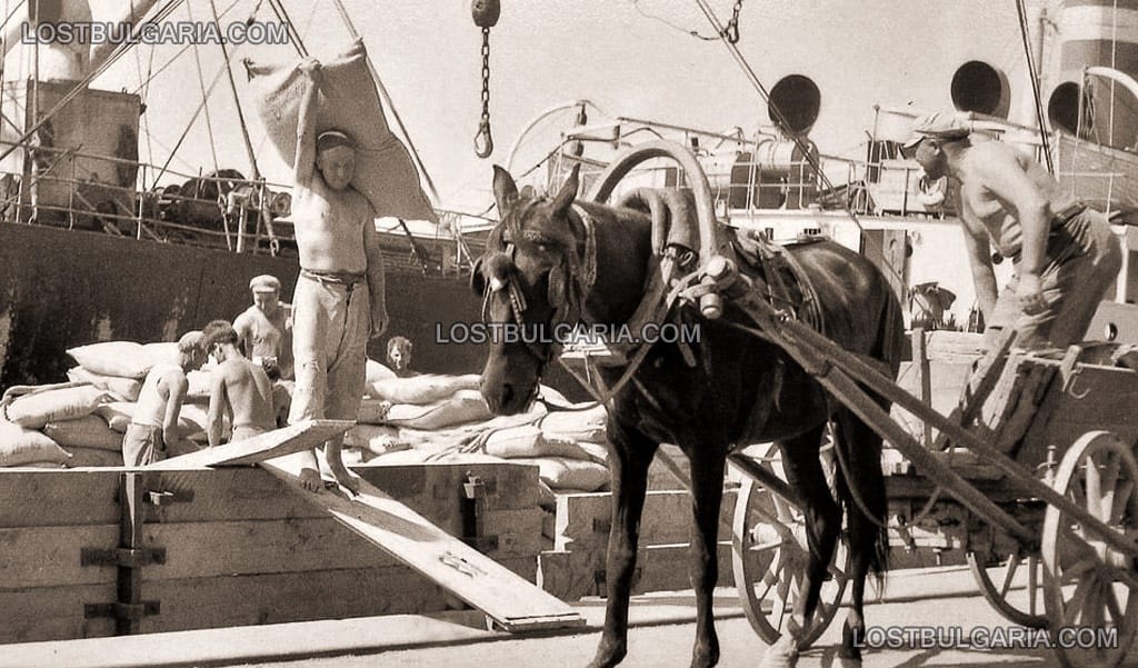 Варна, пристанището, хамали разтоварват кораб, 50-те години на ХХ век
