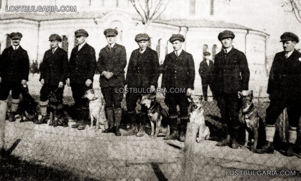 Полицейските кучета, взети от Виенския полицейски завод, с техните треньори под началството на Йордан Петров Шварц - Архангелов ден, София, 1925г.
