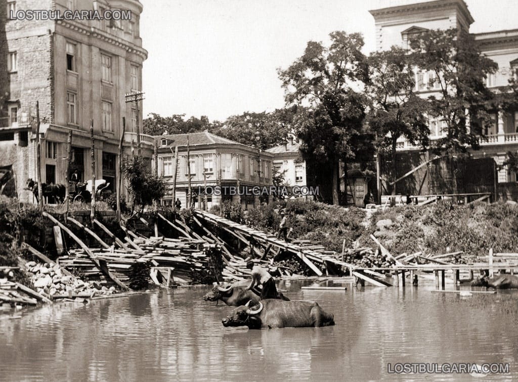 Наводненият изкоп, предвиден за основи на бъдещия Народен музей и на Народна библиотека на братя Евлоги и Христо Георгиеви, София, пред Офицерския клуб, около 1916-18 г.