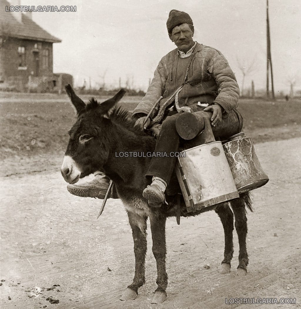 София, млекар с магаре и гюмове за разнасяне на мляко, 20-те години на ХХ век