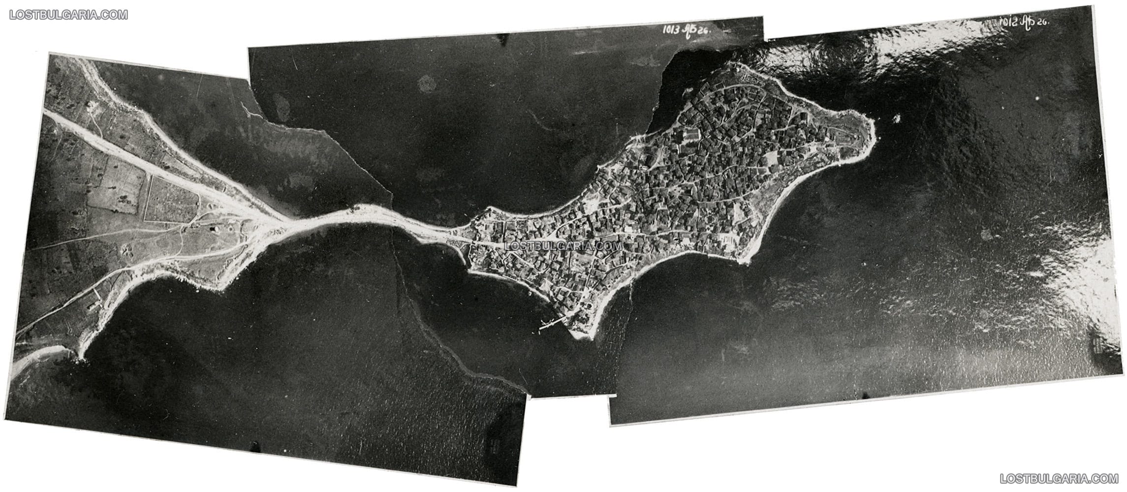 Панорамна аерофотография, сглобена собственоръчно от авиофотографите от три самостоятелни кадъра, представляваща Несебър (Месемврия) и свързващата го със сушата ивица, 1926 г.