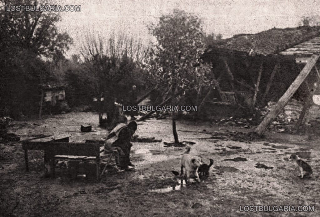 Разрушена къща от земетресението в Папазлий (Поповица), седналият дълбоко опечален селянин е единственият останал жив от семейството - под развалините на сградата са намерили смъртта си близките и добитъка му, май 1928 г.
