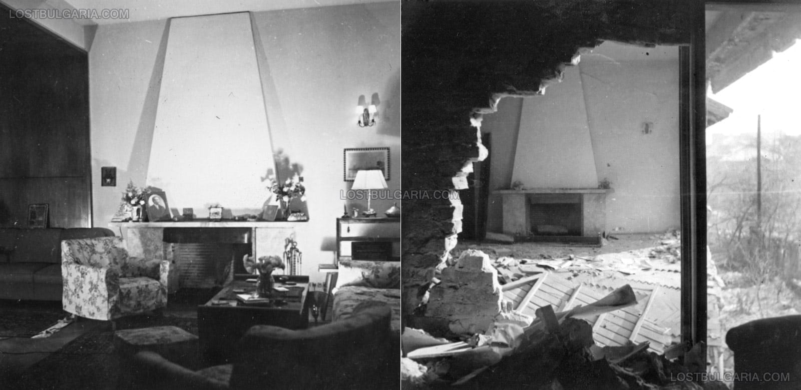 Интериор в сградата на ул. "Върбица" №1 в София, квартира на аташето на Луфтвафе полковник Карл-Аугуст фон Шьонебек (Carl-August von Schonebeck). Лявата фотография е заснета на 8 януари, дясната след бомбардировките на англо-американската авиация в нощта на 9 срещу 10 януари 1944 г.
